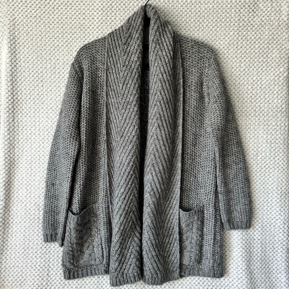 Guess Sweater Women M Gray Cable Chunky Knit Wool Open Front Cardigan Pockets